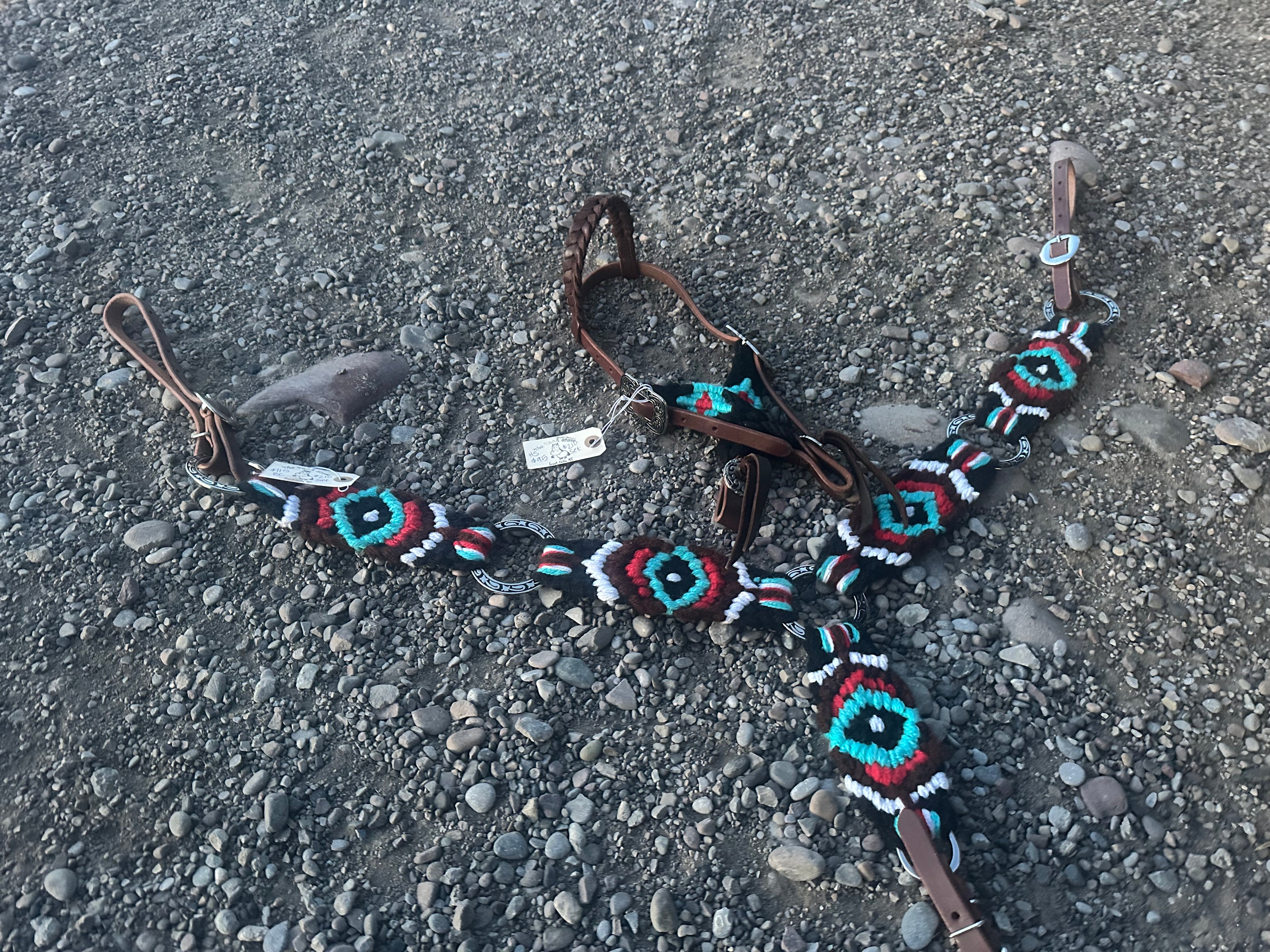 Turquoise, red, black & white ring headstall & breast collar