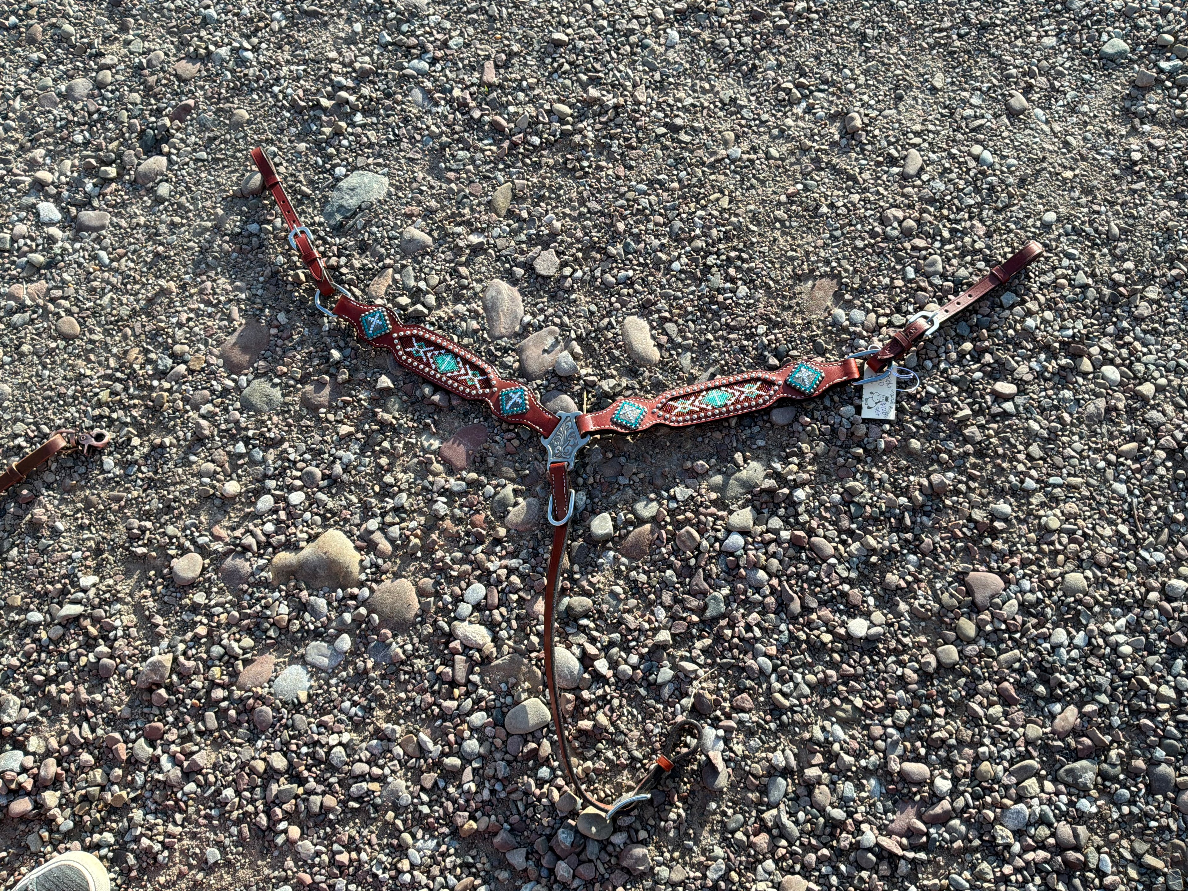 Maroon, teal & white beaded pony breast collar