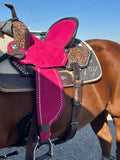 14” custom Silva hybrid pink & white buck stitch barrel saddle