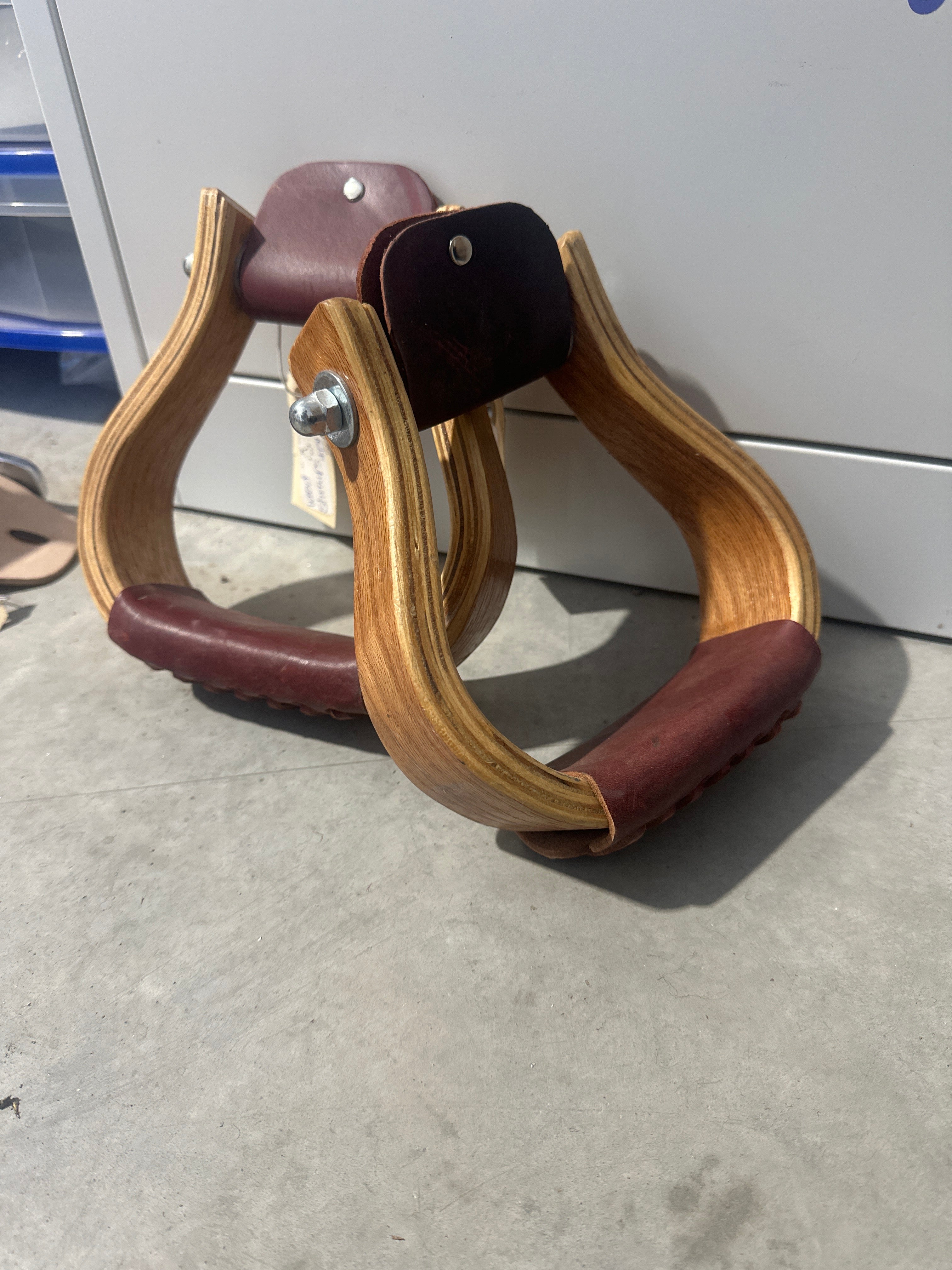 Wood stirrups with leather tread