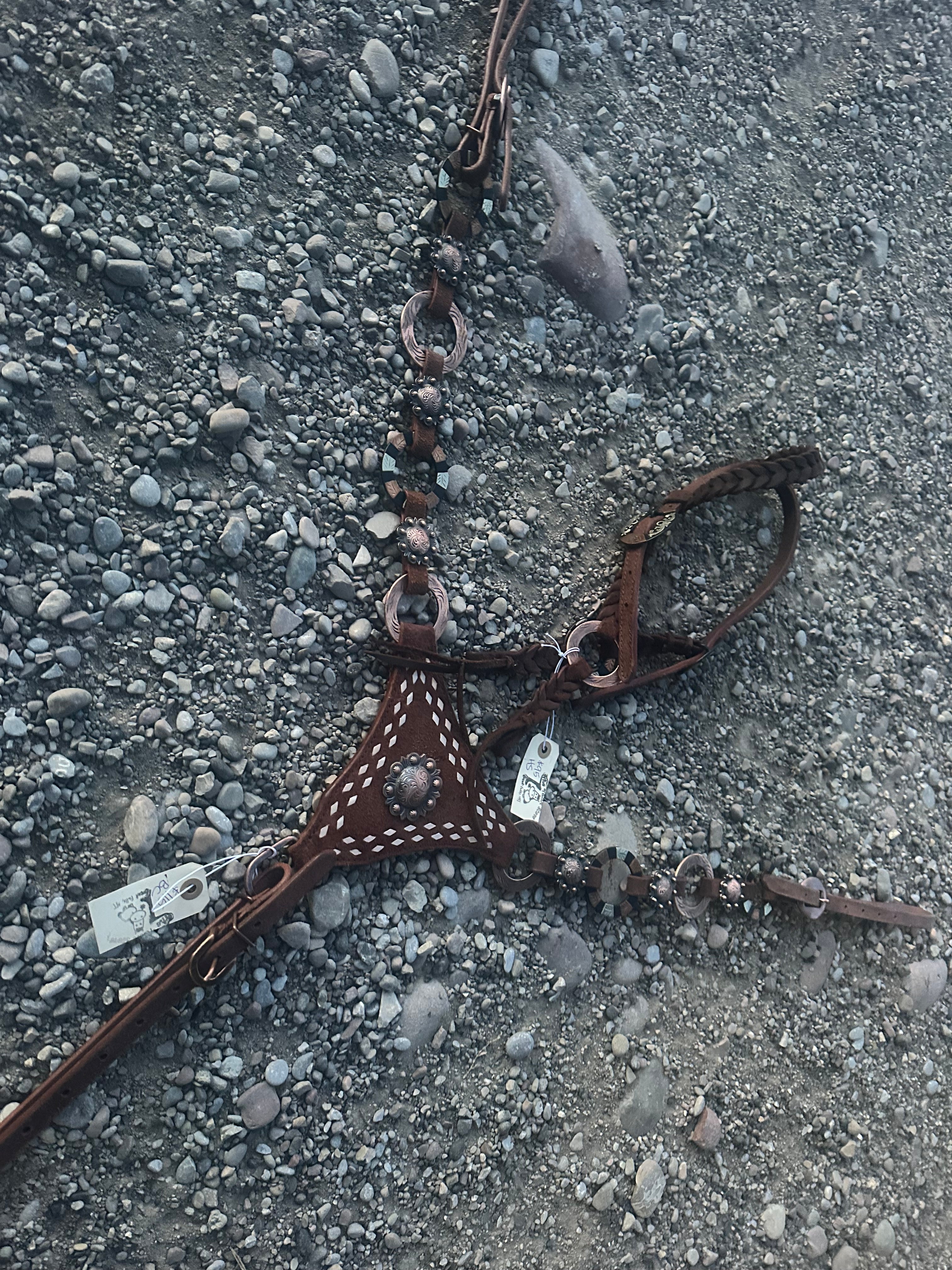 Ring headstall & ring breast collar with buckstitch gladiator breast plate