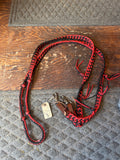Black and red braided rope rein with fringe ￼