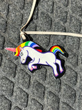 Hot to trot rainbow painted unicorn tie on saddle charm