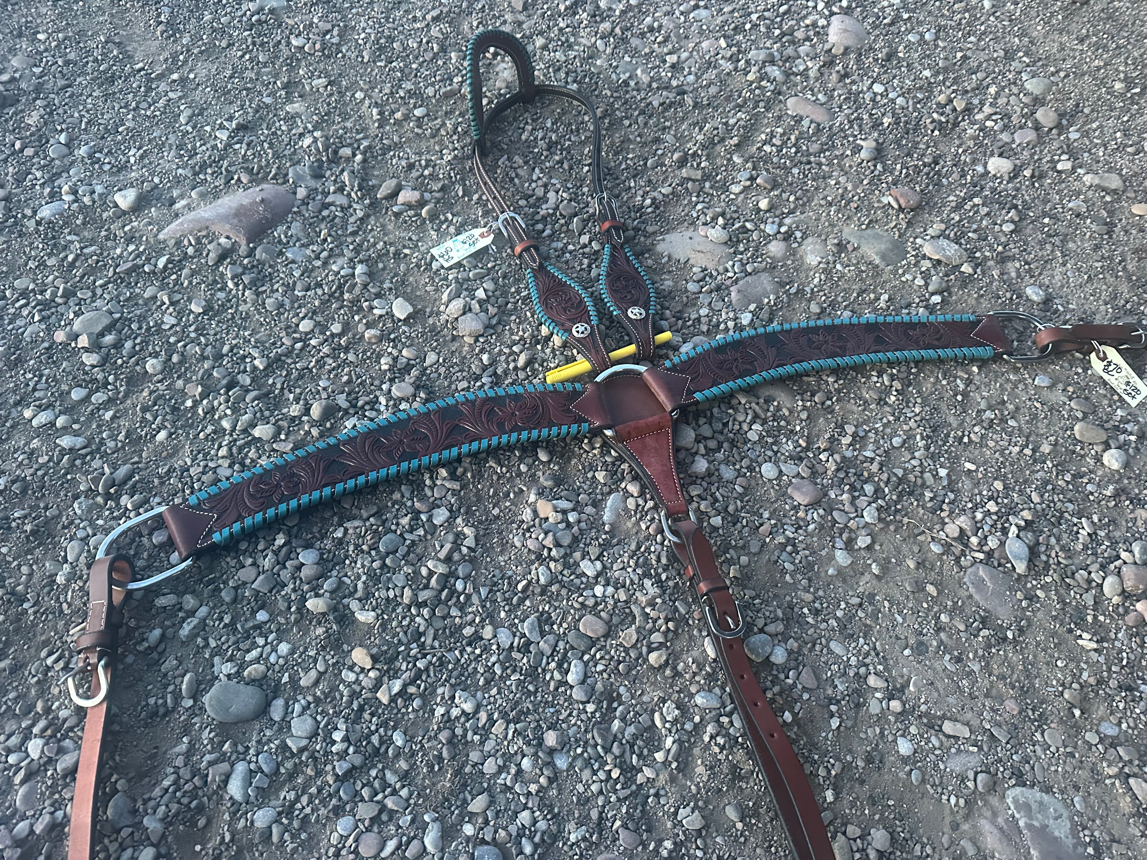 Tooled with turquoise trim headstall & matching breast collar