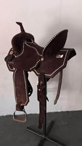 Custom Brazilian: The “Reese” FULL leather light weight barrel saddle with white buck-stitch