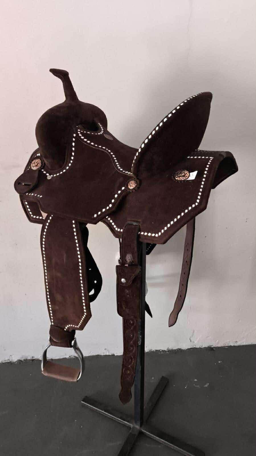 Custom Brazilian: The “Reese” FULL leather light weight barrel saddle with white buck-stitch