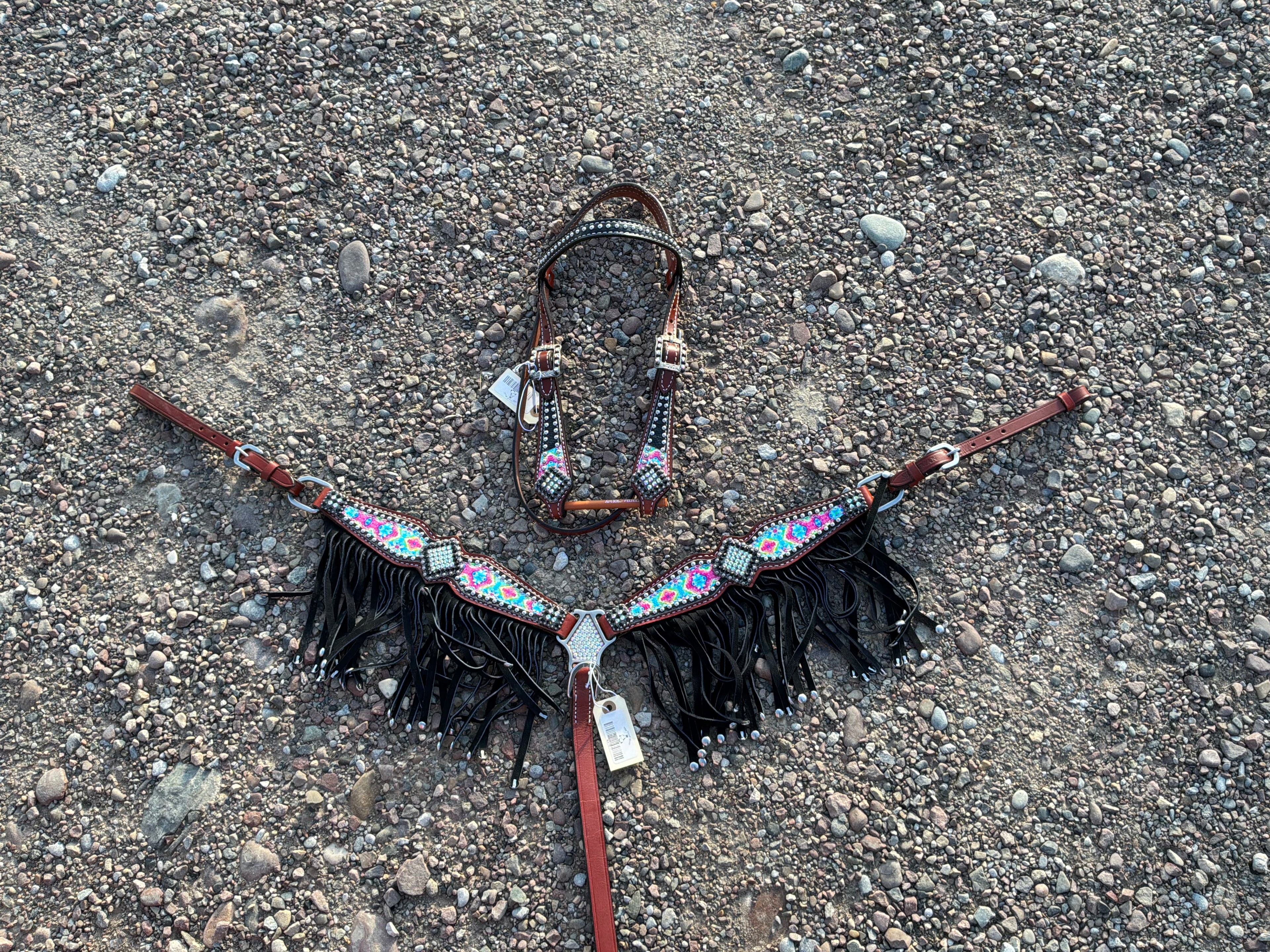 Psychedelic with fringe pony breast collar & headstall
