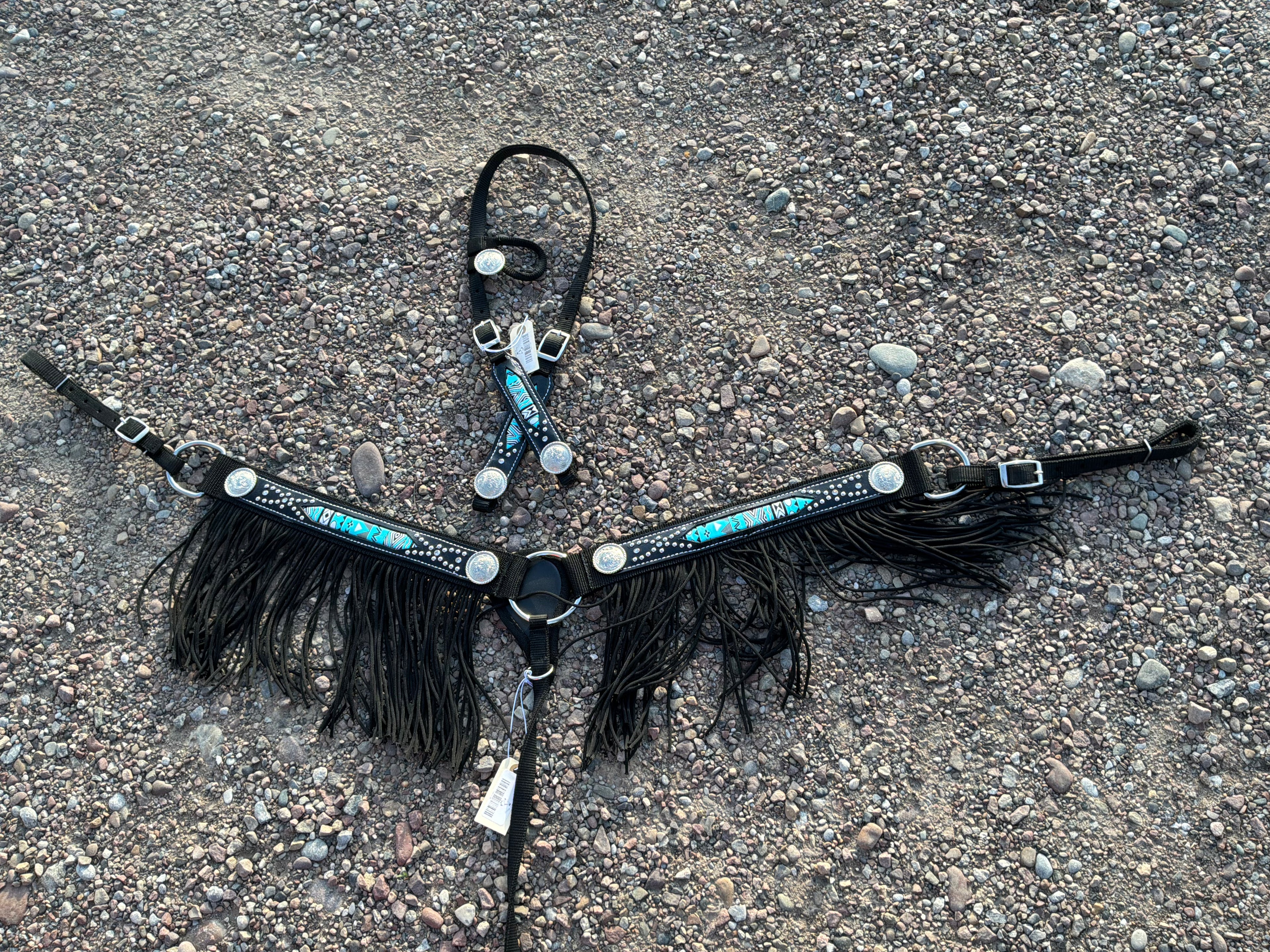 Black Aztec with fringe headstall & breast collar