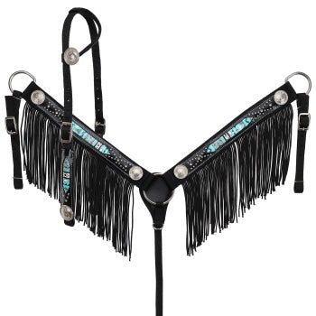 Bl as go & turquoise nylon with fringe headstall & breast collar set