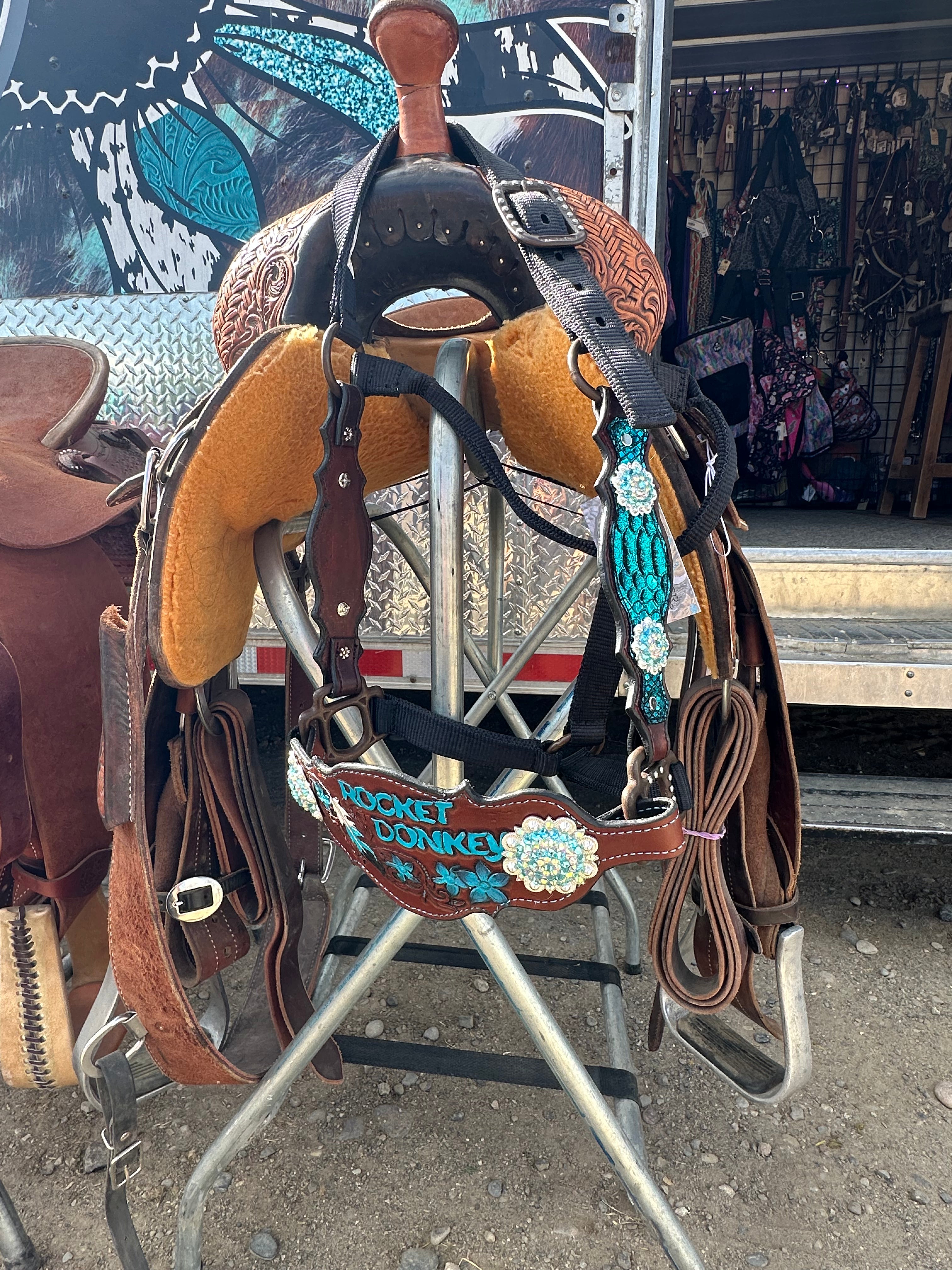 Heart k custom leather rocket donkey halter Montana made