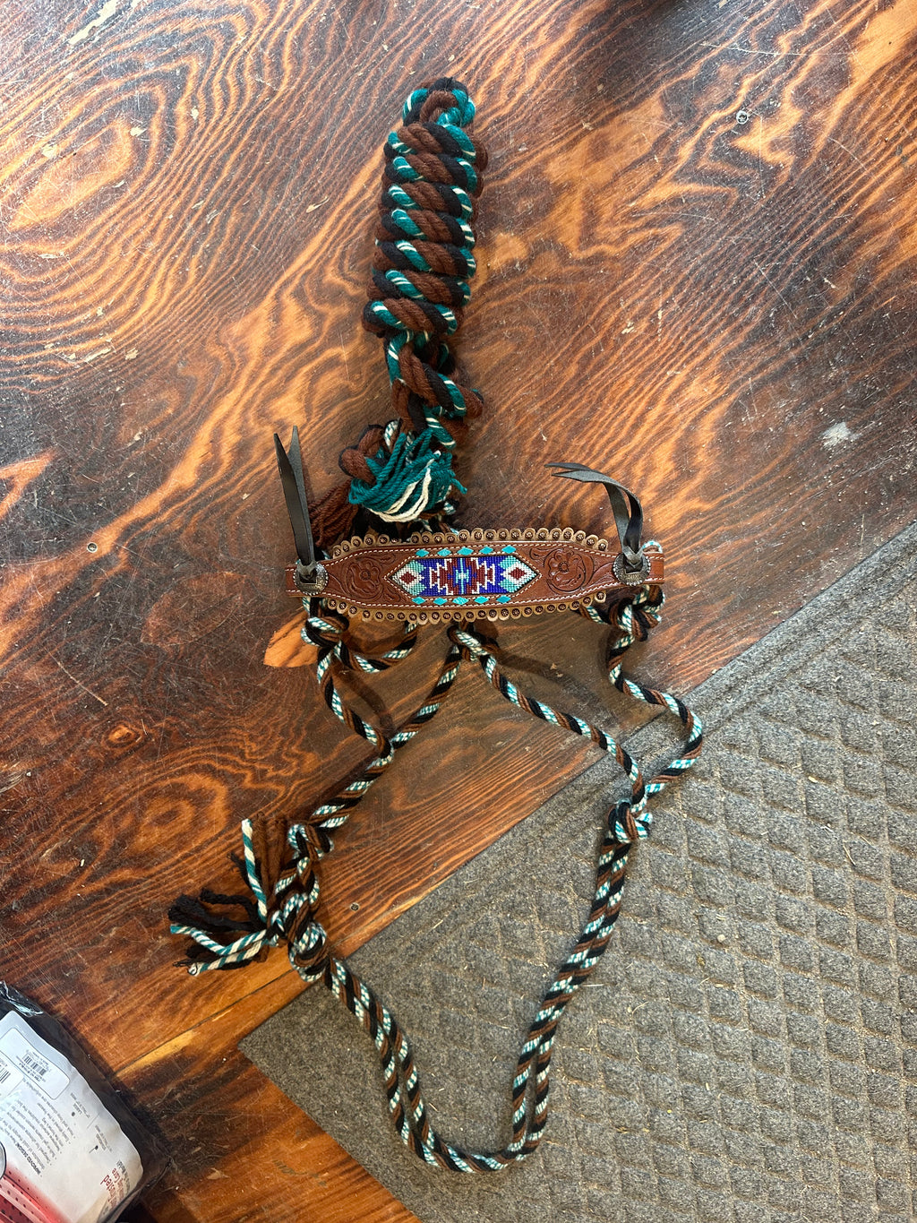 Mohair halter with leather beaded nose band
