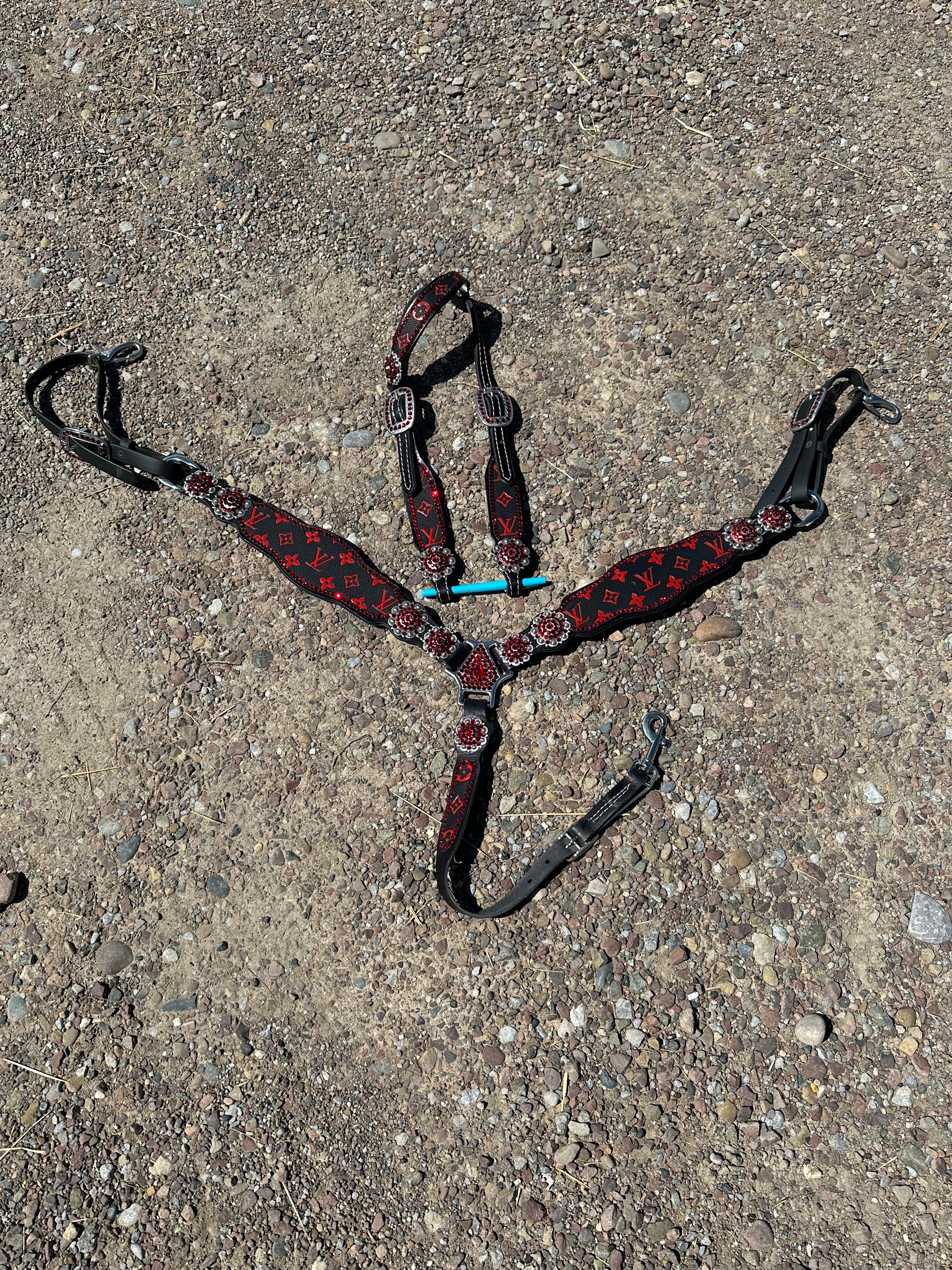 Custom LV headstall & breast collar with red gems