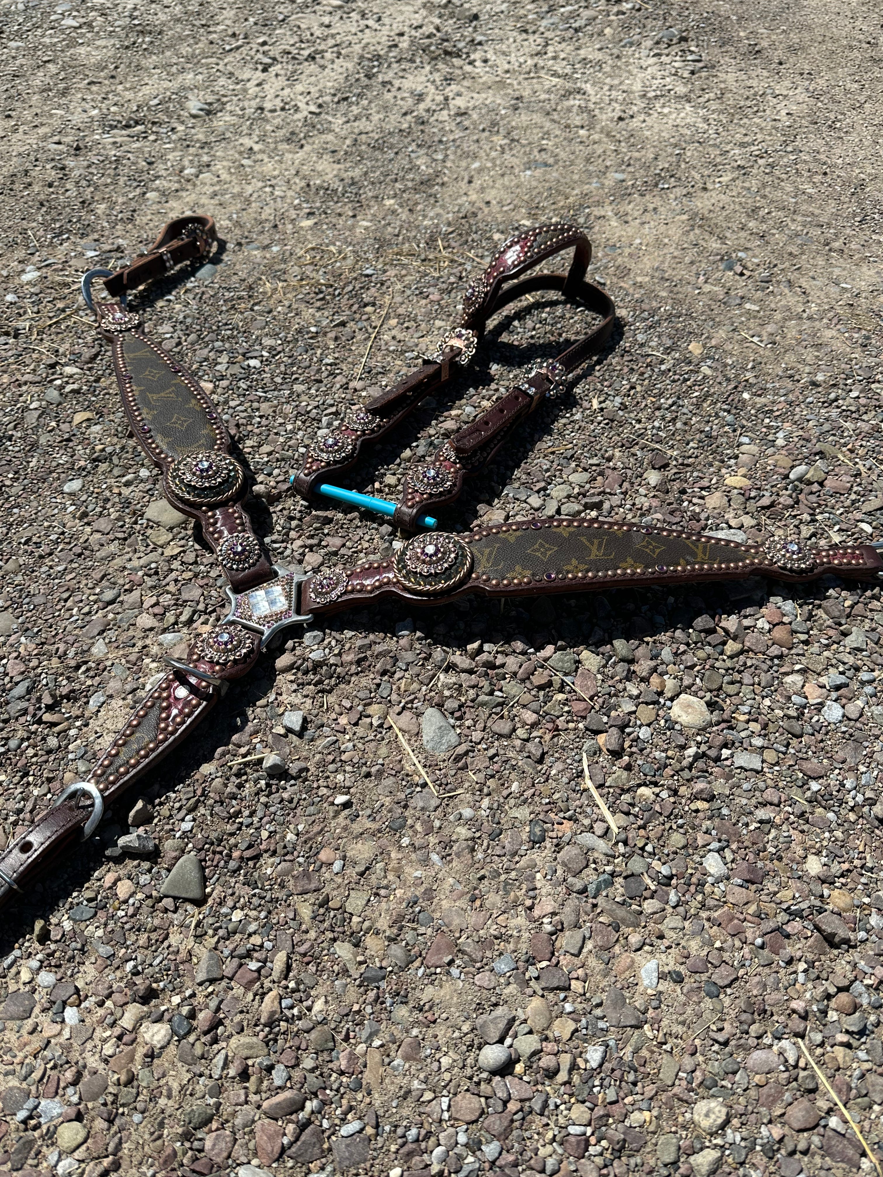 Custom crown leather LV headstall & breast collar set