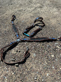 Custom crown leather headstall & breast collar set blue & black gems