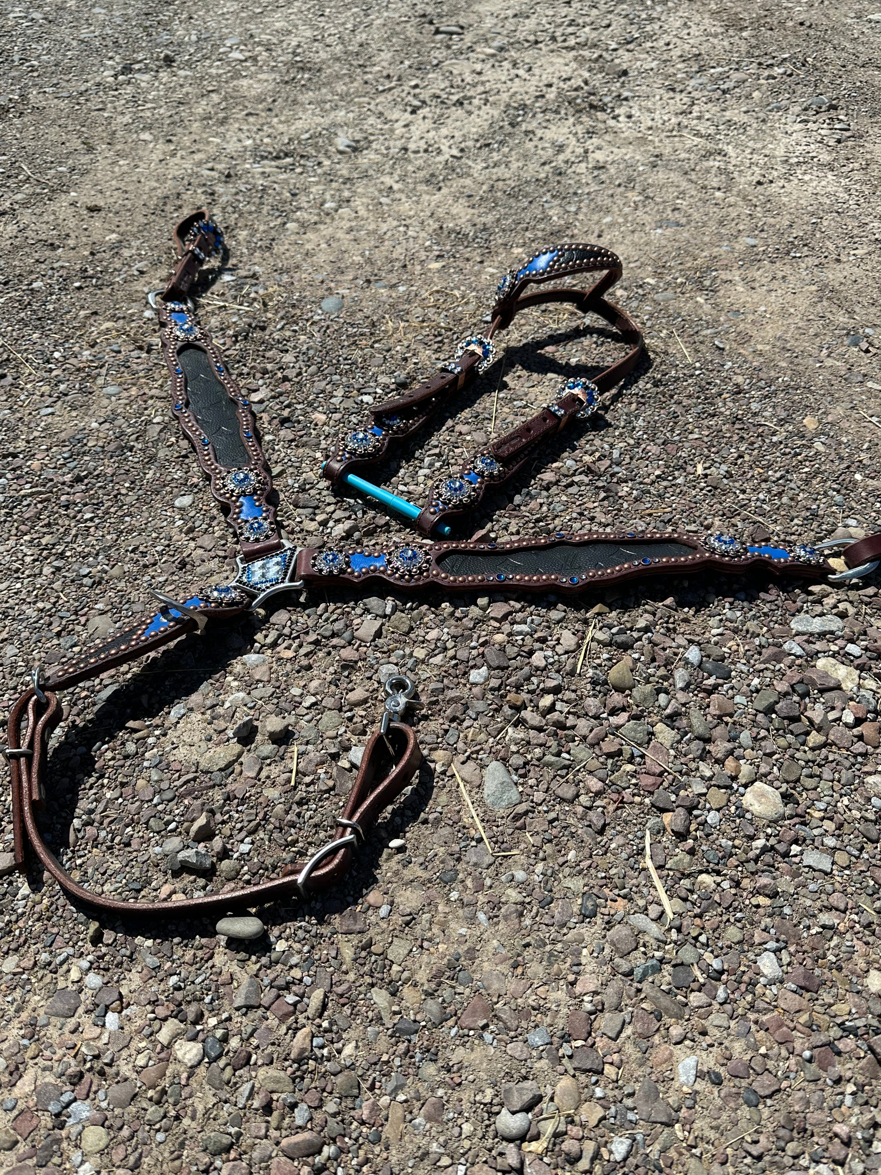 Custom crown leather headstall & breast collar set blue & black gems