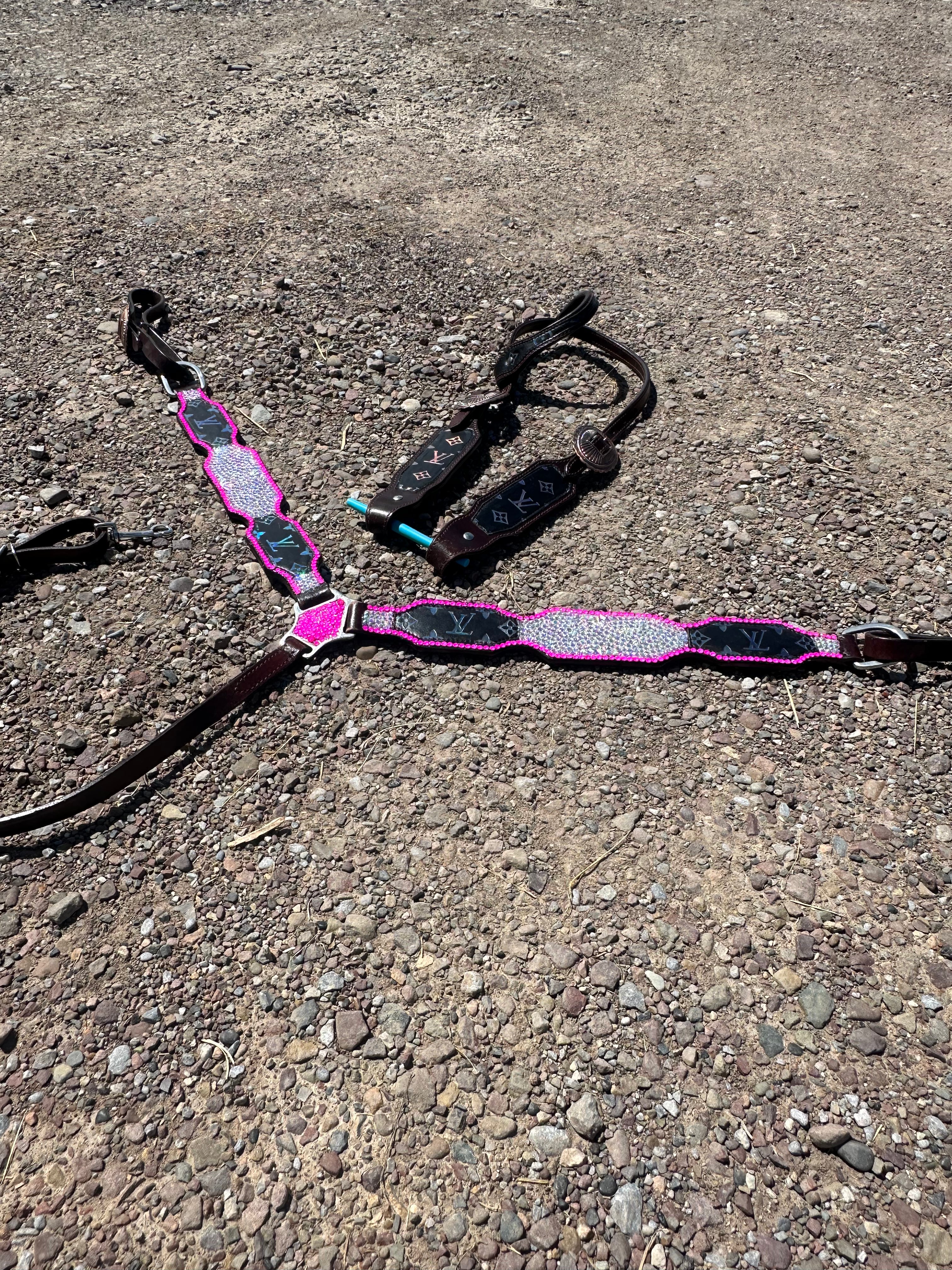 Custom black & pink gems LV headstall & breast collar set