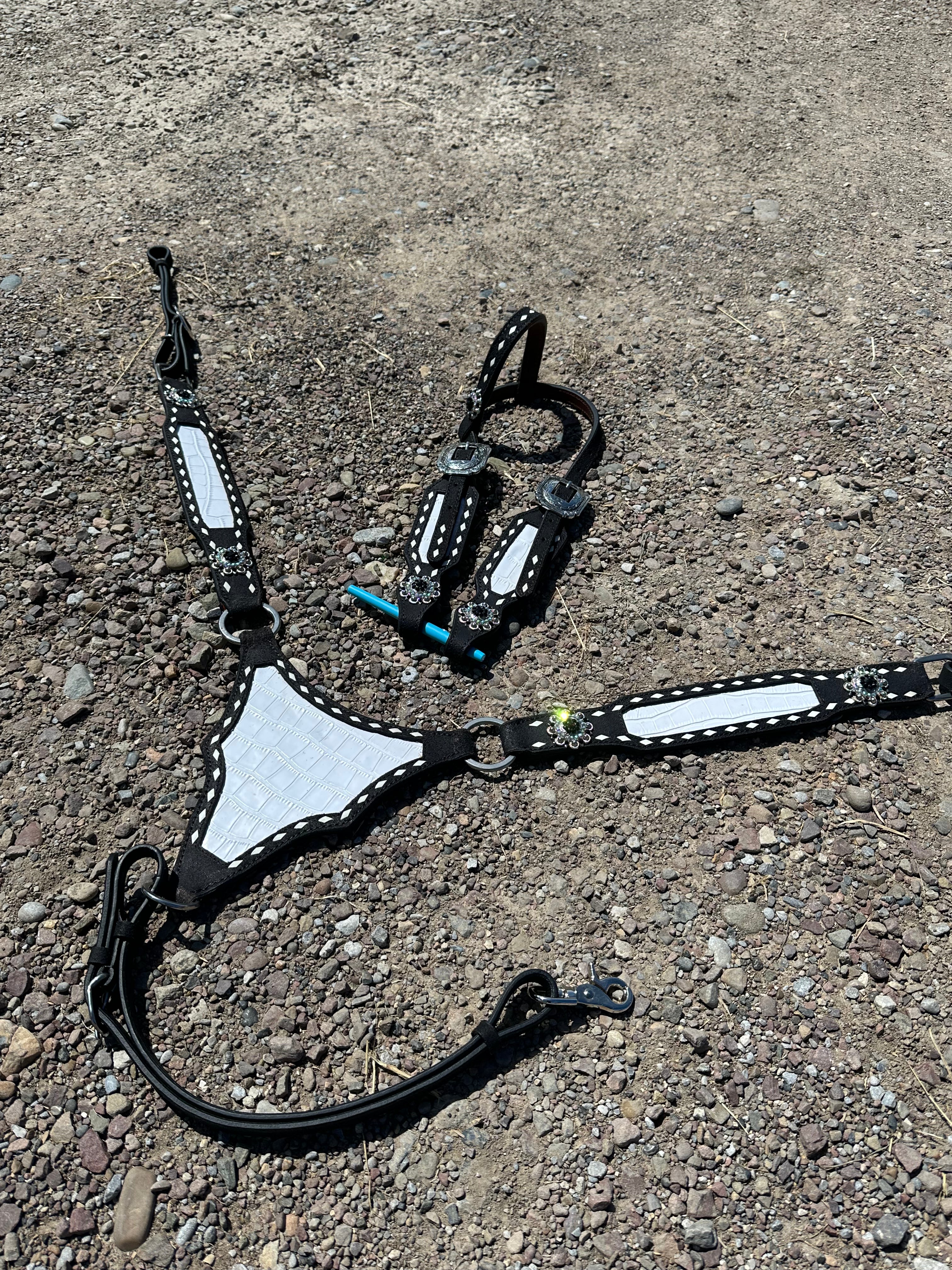 Black gladiator plate with white buckstitch headstall & breast collar set