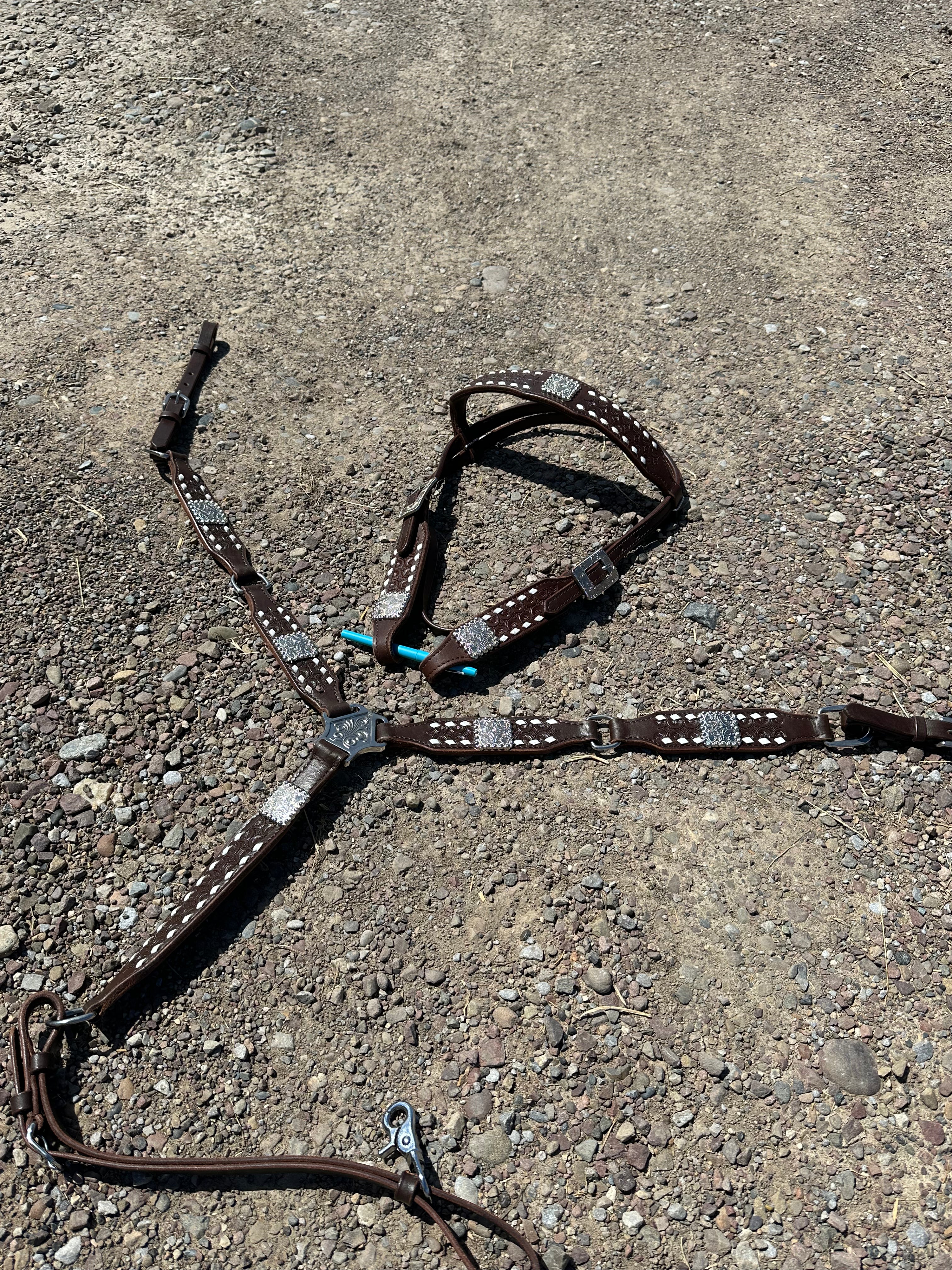 Brown with white buckstitch browband headstall & breast collar set